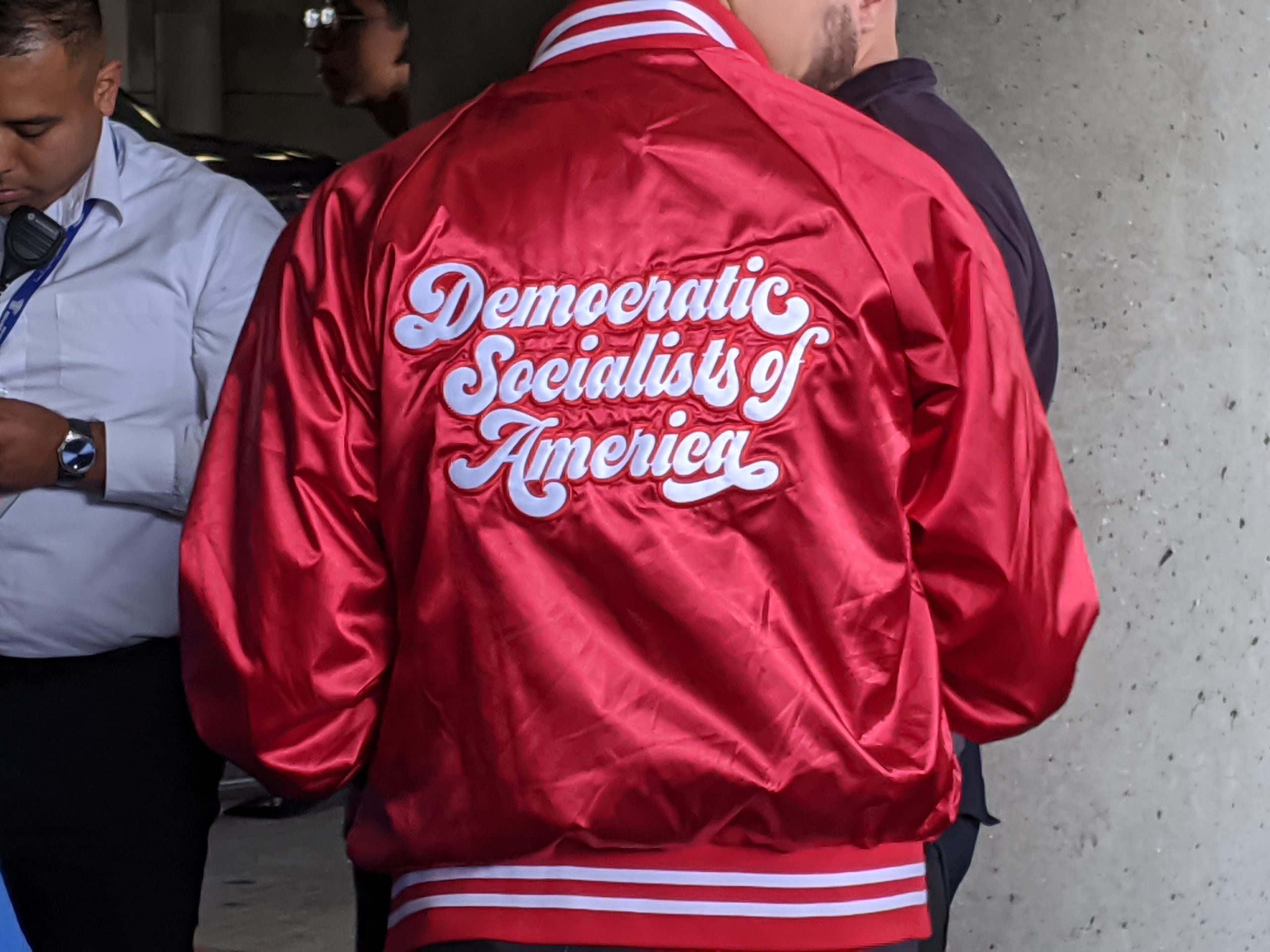 Democratic Socialists of America jacket from San Francisco, Bernie Sanders Rally, LA Convention Center, Los Angeles, California, USA